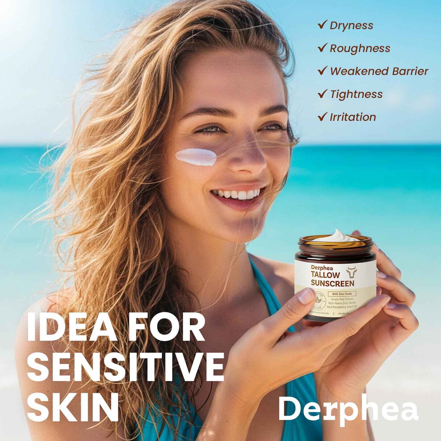 Derphea Natural Beef Tallow Sunscreen – SPF 50 Daily Sun Care for Extremely Sensitive, Acne-Prone & Kid-Safe Skin – Non-Toxic Sunblock with 22% Non-Nano Zinc Oxide, Clean Formula for Face & Body