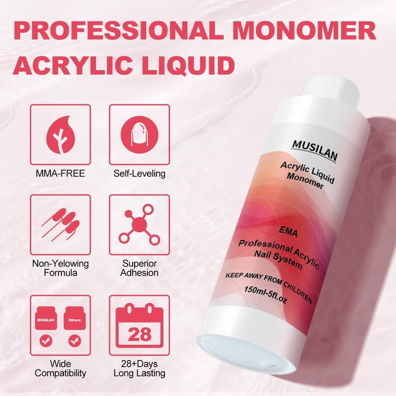 MUSILAN Monomer Acrylic Nail Liquid 150ML - Acrylic Liquid Monomer for Acrylic Powder Acrylic Nail Monomer with 3PCS Acrylic Brushes Size（8/10/14）For Acrylic Nails Extension Non-Yellowing