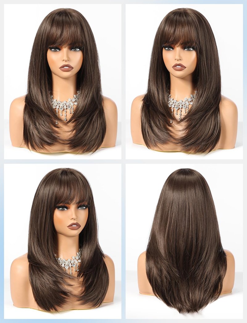 HAIRCUBE Layered Brown Medium Long Straight Synthetic Wigs for Women with Bangs Heat Resistant Natural Look for Daily Use