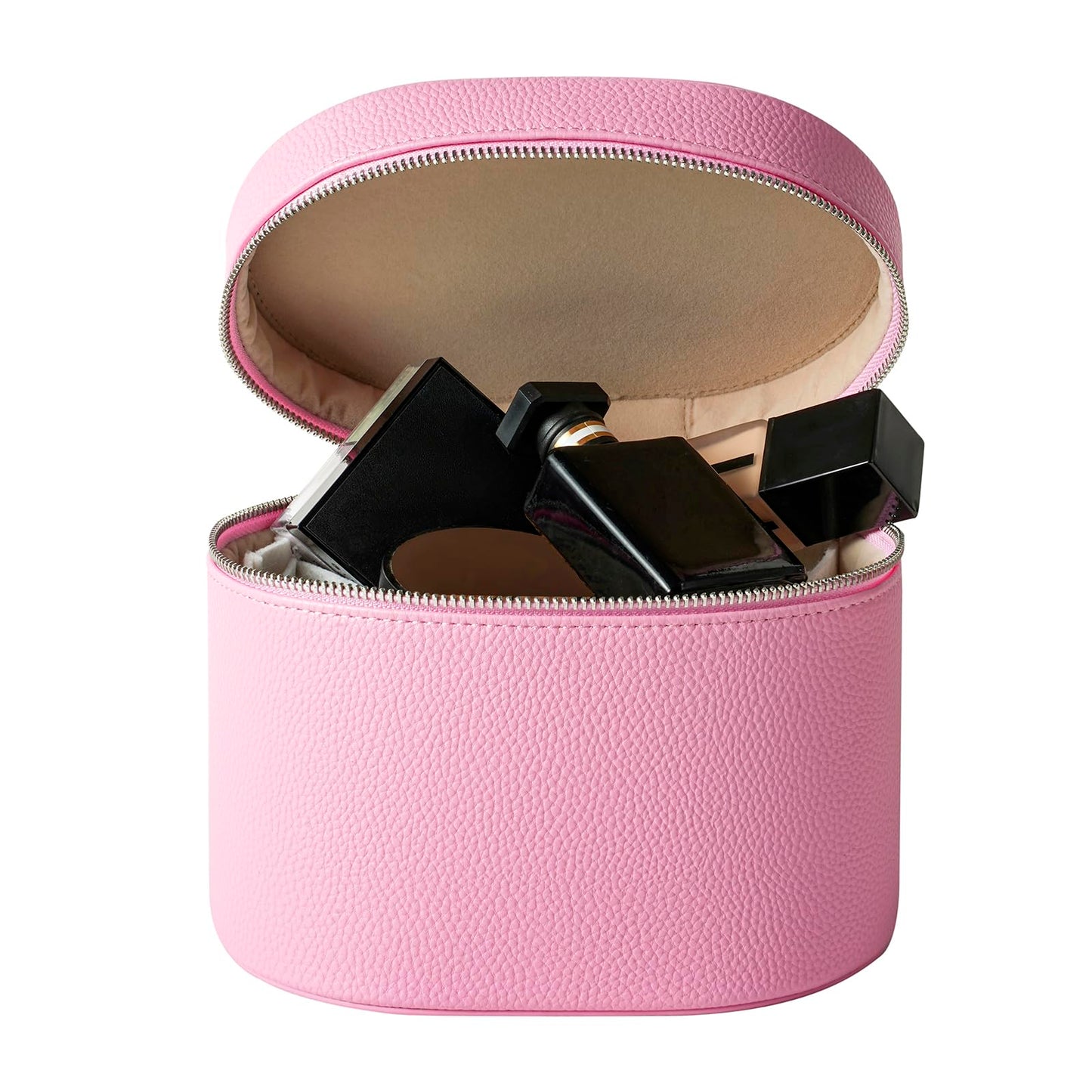 RSRSLEII Pink Aesthetic Makeup Bag, Travel Makeup Vanity Case with Divider and Handle, Waterproof PU Leather Cosmetic Organizer Bag, Portable Toiletry Bag for Women(02Pink)