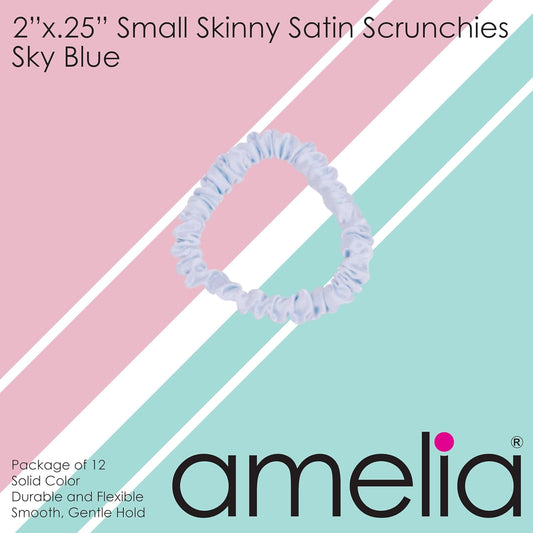 Amelia Beauty, Black, Skinny Satin Scrunchies, 12 Pack – 2in Diameter, Gentle & Strong Hold, No-Snag, No-Dent, Crease-Free Hair Ties