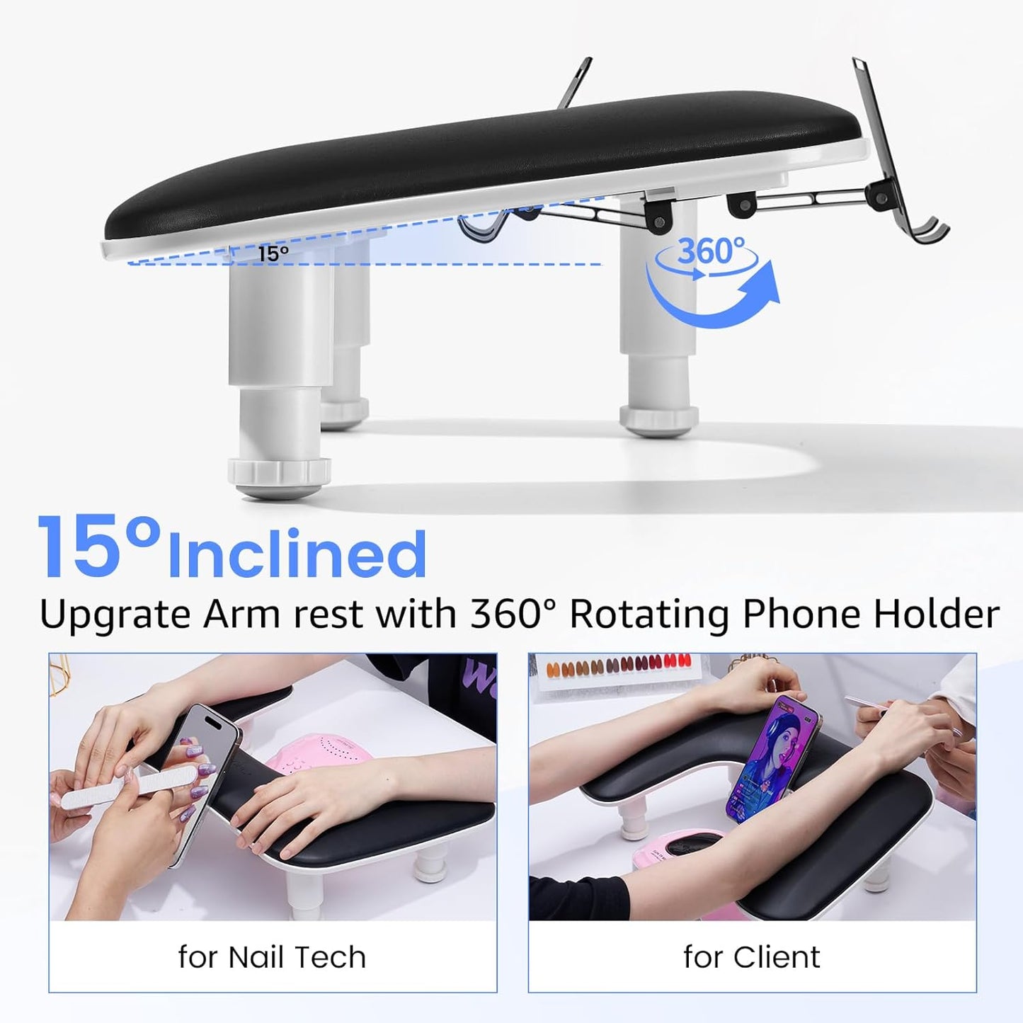 Manicure Nail Arm Rest - 3rd Gen Adjustable U-Shaped Hand Pillow with Rotating Phone Stand | Black