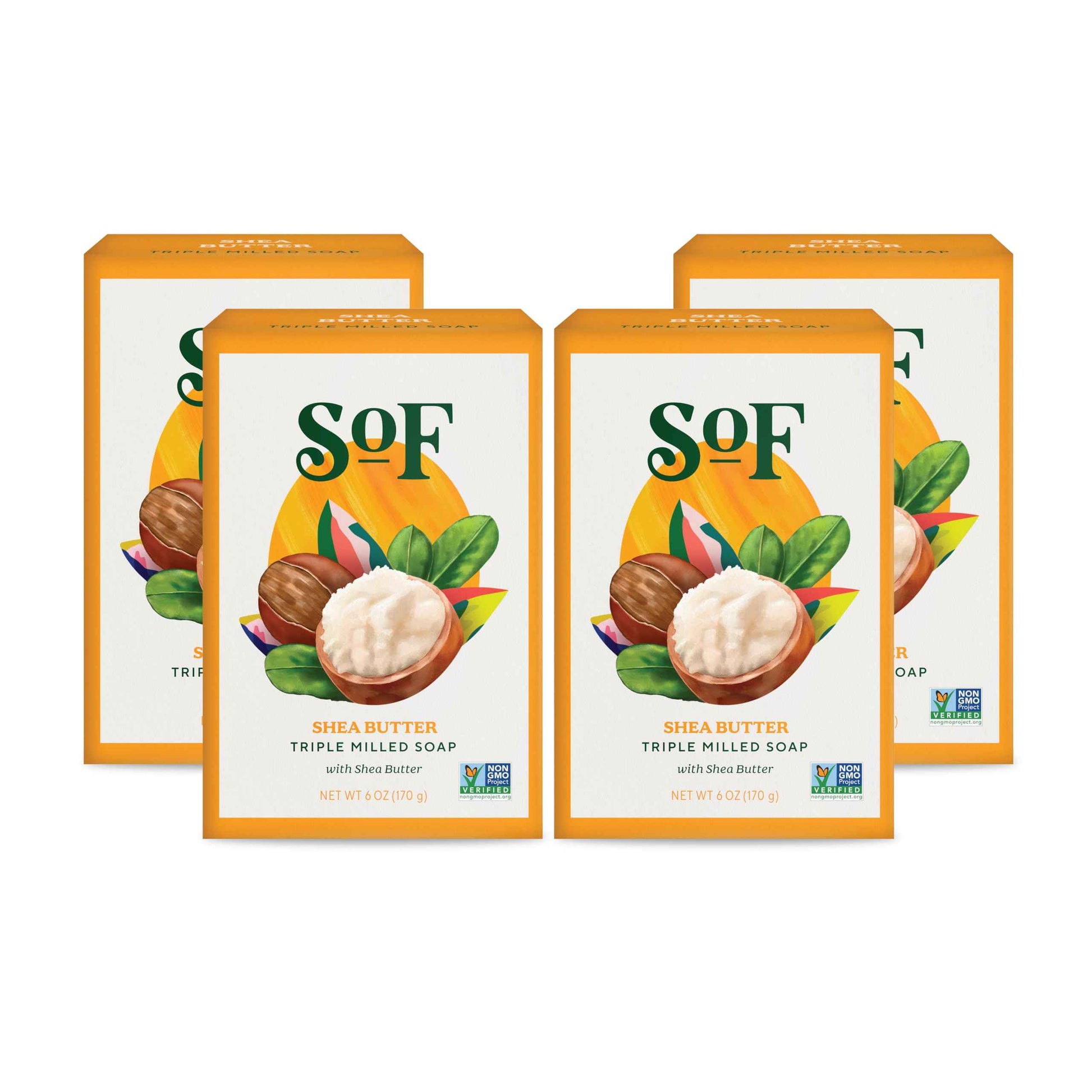 SoF Triple Milled Bar Soap - With Coconut Oil & Organic Shea Butter- Vegan & Non GMO- Free From Phthalates, Sulfates & Parabens- Shea Butter - 6 oz Bar 4 Bars