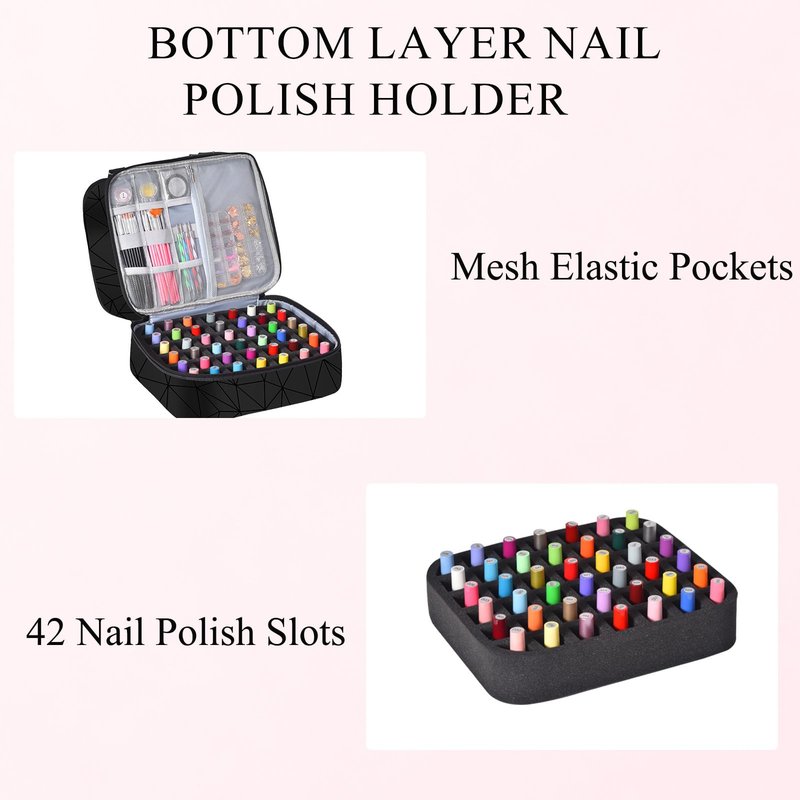LYFFXYH Double-Layer Nail Polish Organizer-Holds 42 Bottles, Nail Polish Storage with Handle, Nail Bag Organizer Case for Professional Manicure Kit & Travel (Pink, 42 Bottles-Small)