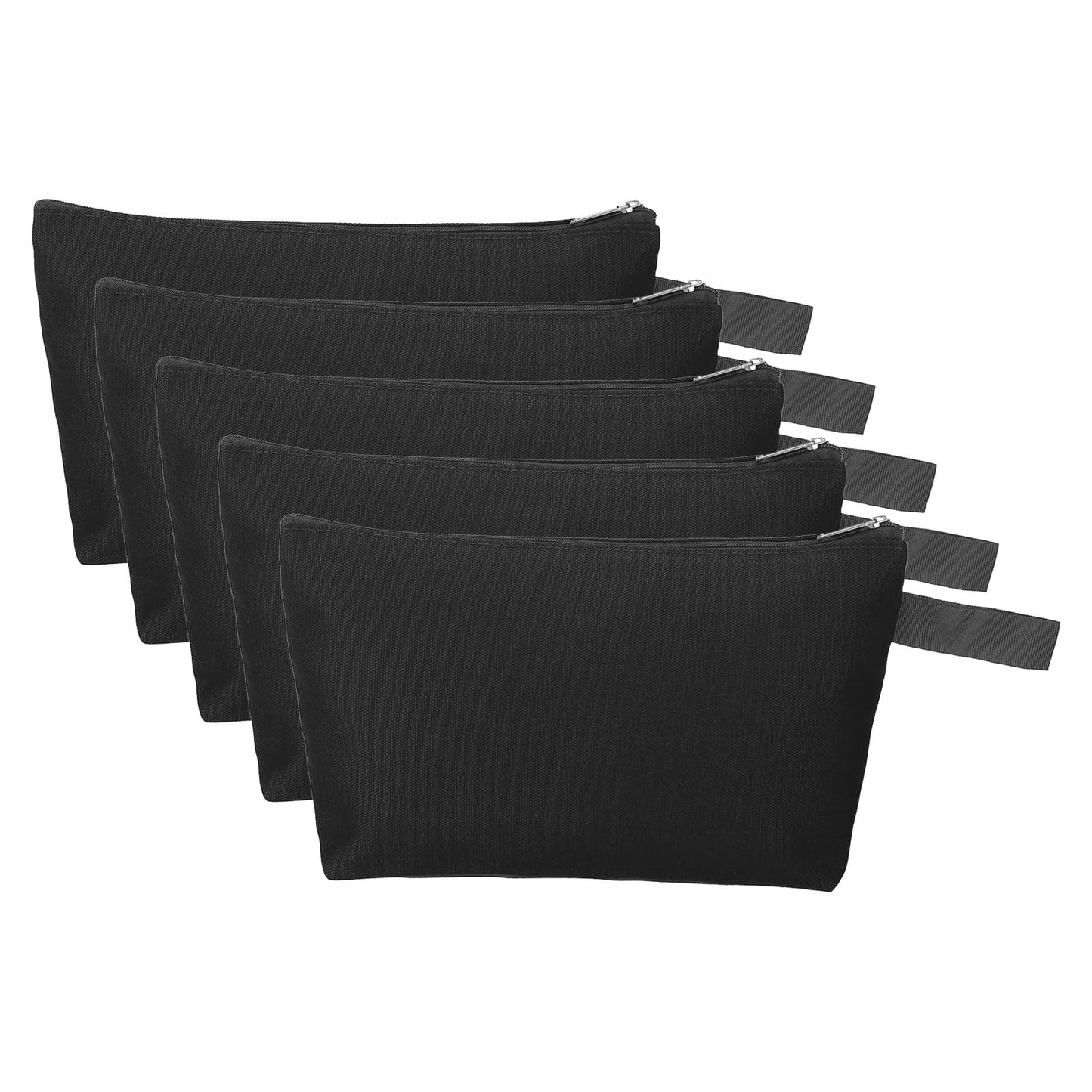 PATIKIL 12.2 x 7.5 Canvas Makeup Bags with Strap, 5 Pack Pencil Multipurpose Cosmetic Zipper Bag Case Travel Toiletry Storage Pouch Organizer for Home Office, Black