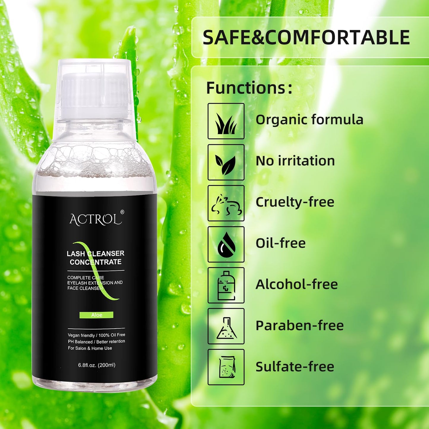 ACTROL Eyelash Cleanser Concentrate 200ml Aloe Professional Lash Shampoo Foaming Cleanser Lash Wash Concentrate for Extensions Lashes with Salon Home Care-Makes 40 Bottles