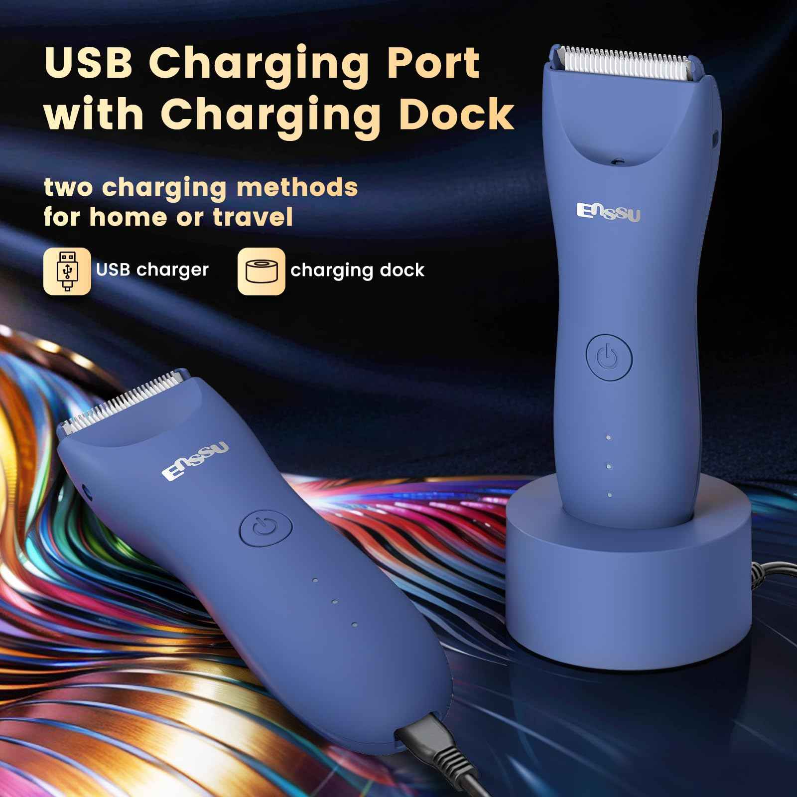 Electric Body Hair Trimmer for Men with Extra Skin-Safe Ceramic Blade, Ball Shaver Groomer w/LED Light& Charging Dock, Pubic Groin Hair Trimmer Male Razor Waterproof (Blue-with Charging Light)