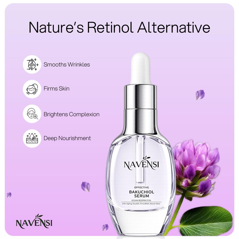 Navensi Bakuchiol Face Serum 50ml | Natural Retinol Alternative Bakuchiol Serum For Face With Hyaluronic Acid & Vitamin C | Hydrating, Firming & Anti Aging Serum for Wrinkles, Uneven Tone & Dull Skin