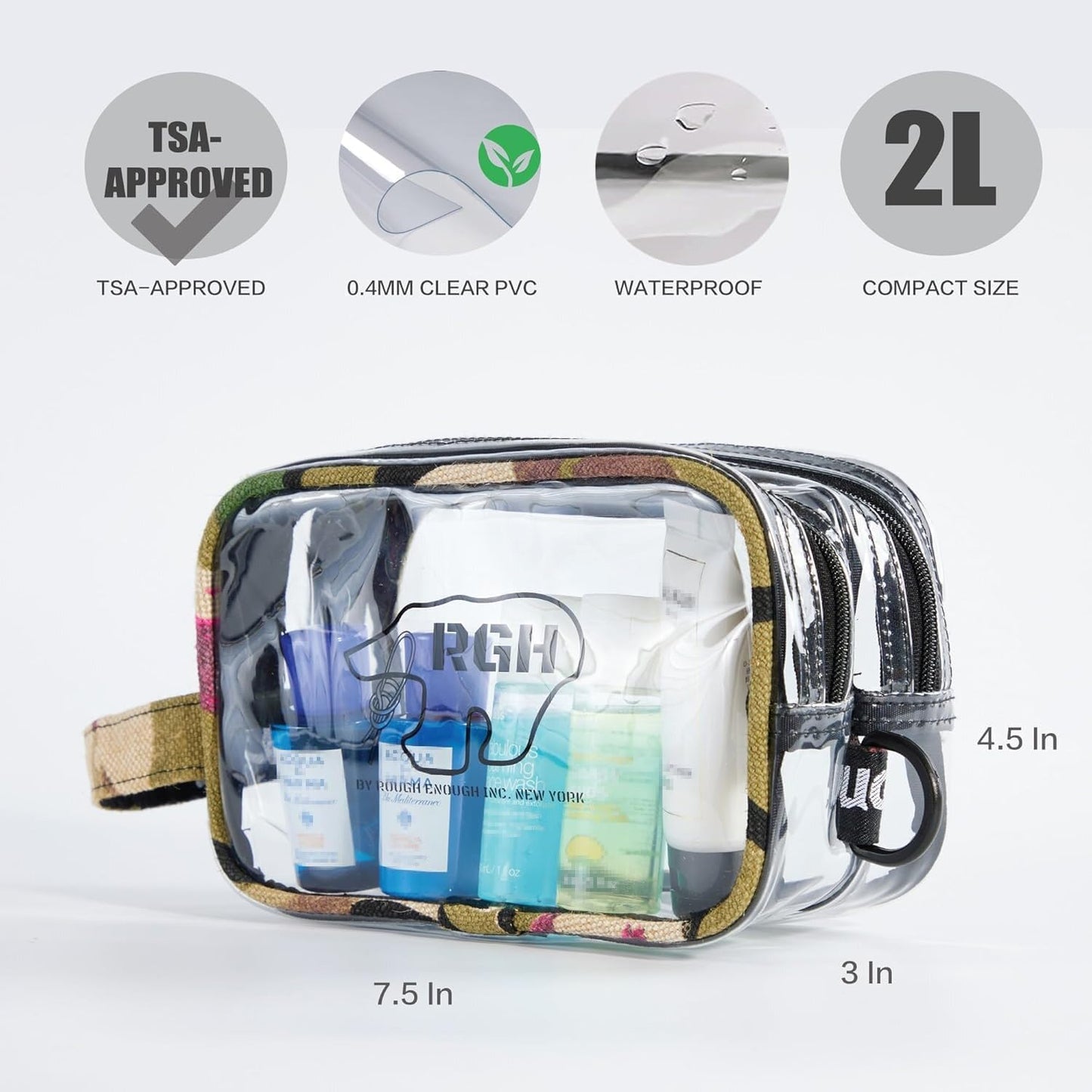 TSA Approved Clear Toiletry Bag for Travel | Durable Camo Organizer with 2 Compartments - Quart Size