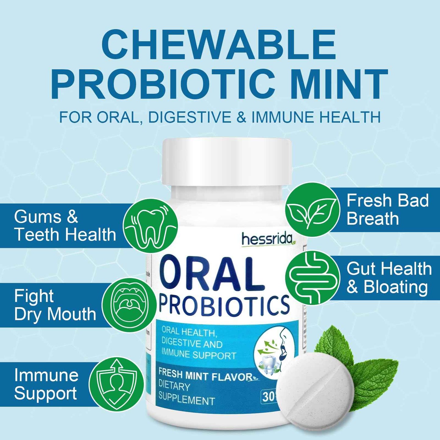 Oral Probiotics for Mouth Bad Breath Treatment for Adults(30 Count), Chewable Oral Care Probiotic, Dental Probiotics for Teeth,Gum Restore & Fresh Breath, Mint Tablets