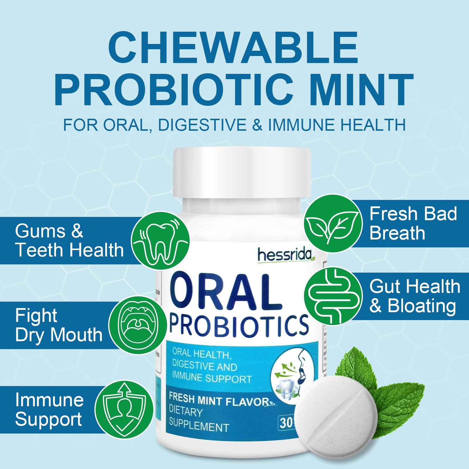Oral Probiotics for Mouth Bad Breath Treatment for Adults(30 Count), Chewable Oral Care Probiotic, Dental Probiotics for Teeth,Gum Restore & Fresh Breath, Mint Tablets