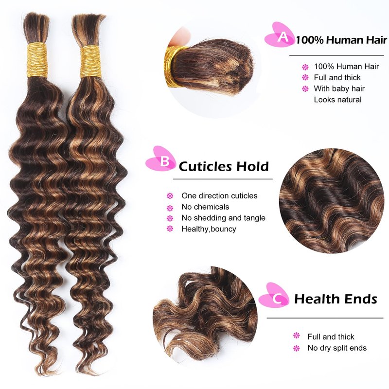 Deep Curly Wave Bulk Human Hair - Brazilian Virgin Hair for Micro Braiding | 20-Inch, P4/30 Highlight