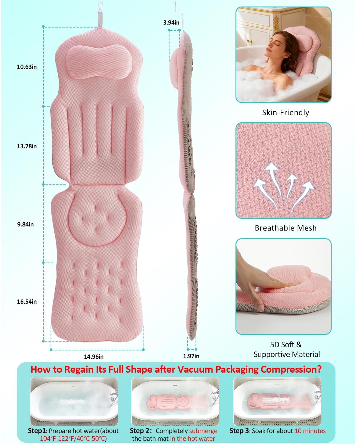 Full Body Bath Pillow for Bathtub, 5D Thick Tub Pillow for Bathtub with 192 Non-Slip Suction Cups, Laundry Bag & Hook, Bathtub Pillow for Head, Neck & Back Support (Pink, 51"*15")