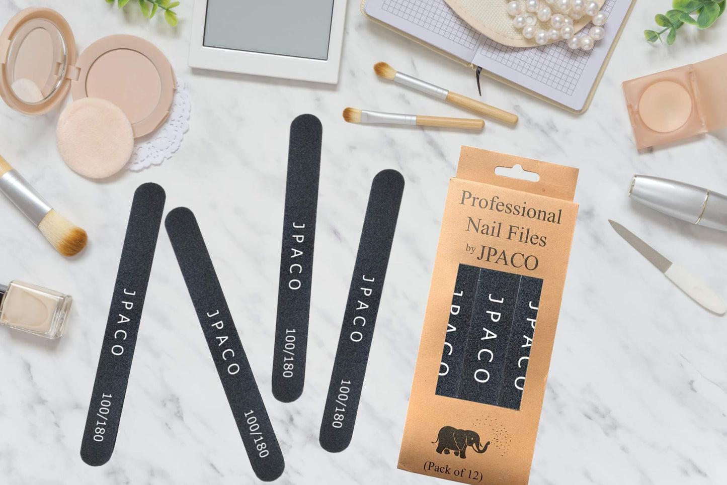 12-Pack Professional Nail Files: Double-Sided Emery Boards for Natural, Acrylic, Poly, and Gel Nails – Washable Black Manicure Tools Set by JPACO (100/180 Grit)
