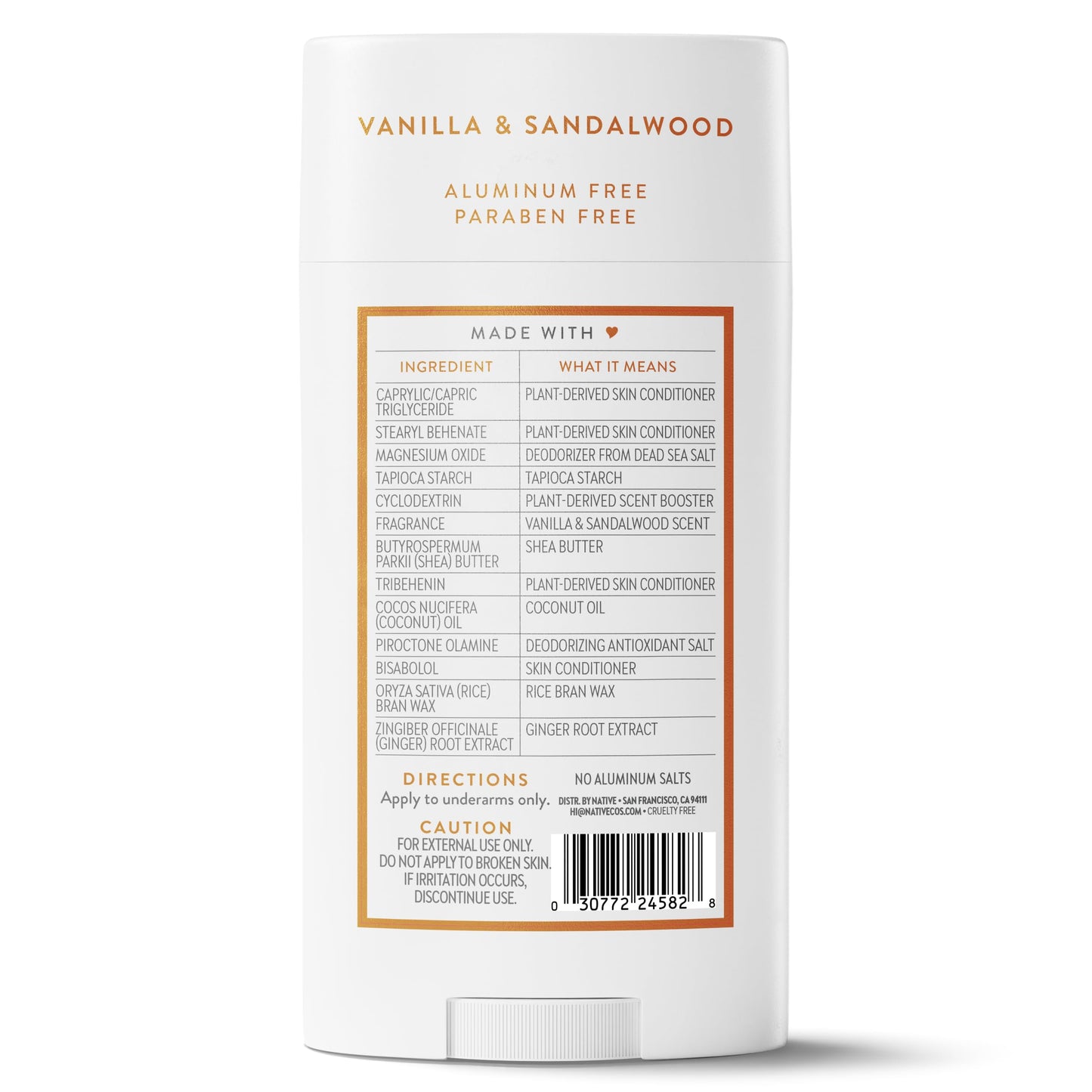 Native Aluminum Free Deodorant, Vanilla & Sandalwood, Large Size Stick, 72 Hour Odor Control, for Women & Men, Contains Naturally Derived Ingredients, 3.1 oz