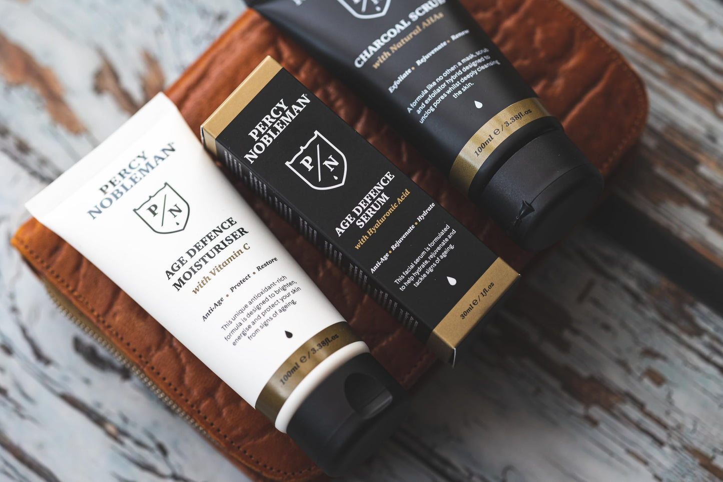 Percy Nobleman Age Defence Kit – Men’s Skincare Gift Set with Charcoal Face Scrub, Hydrating Facial Serum with Hyaluronic Acid & Vitamin C Moisturiser for Cleansing, Nourishment & Healthy Skin