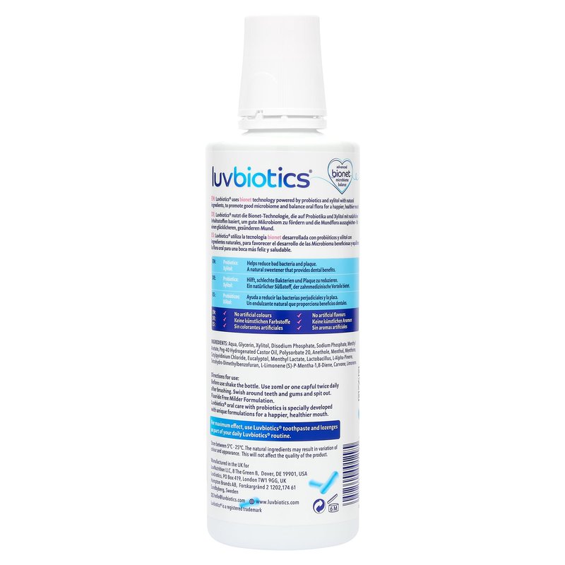 Luv Biotics Fluoride Free Mouthwash with Oral Probiotics, Xylitol & Aloe Vera -3 x 500ml
