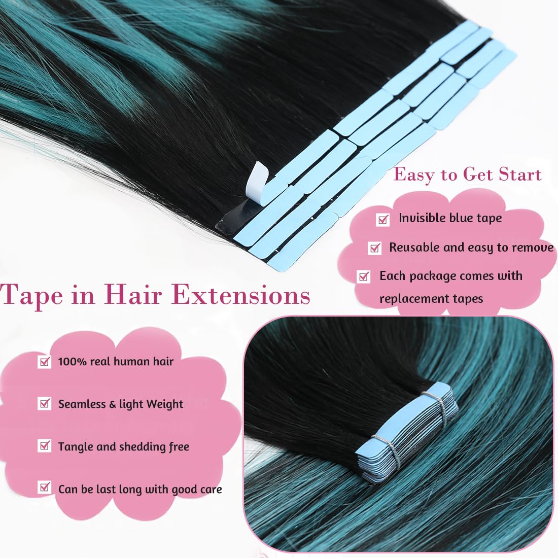 18 Inch Tape in Hair Extensions - 10 Pieces (2g/Piece) 100% Remy Human Hair - Includes Waterproof Tapes - Black Teal Green Balayage