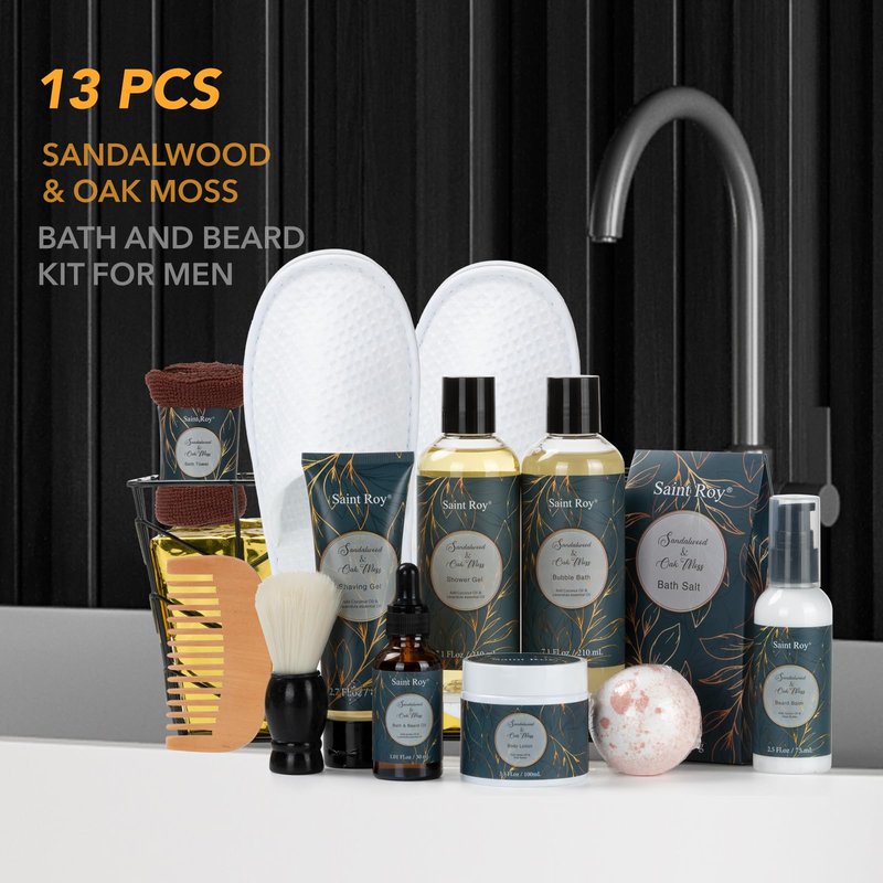Fathers day gift baskets Birthday Day Gifts for Him Spa Gift Basket for Men, Body Wash, 13pcs Sandalwood Oak Moss Bath and Beard Kit for Men with Beard Brush, Christmas Gifts Spa Kits for Man dad