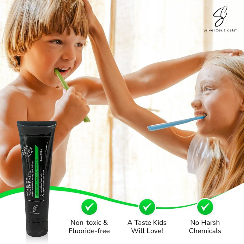 Natural Colloidal Silver Toothpaste - Refresh Mint - Ages 5+ - Cleans Fortifies & Whitens - SLS & Fluoride Free - Supports Gums & Teeth - Bad Breath - Coral Calcium & Xylitol - 3.4oz - Pack of 2