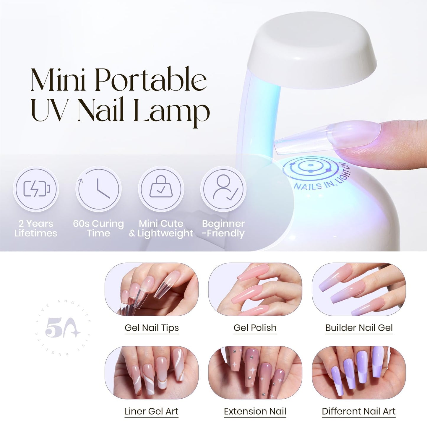 Five Angeles Tipex Instant Apex Nail Tips – Pre-Etched Acrylic Hard Gel Tips Kit for Flat Nails, Long Coffin Deep C Curve, Full Cover Press-On Nails for Beginners, UV Glue & LED Lamp Set
