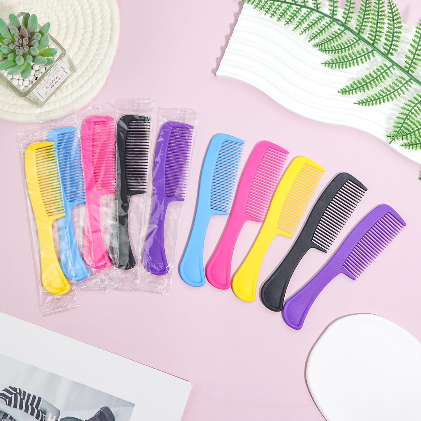 Colorful Hair Combs - 200 Pcs Individually Wrapped for Women, Kids | Ideal for Hotels, Shelters, and Events (Black, Yellow, Pink, Blue, Purple)