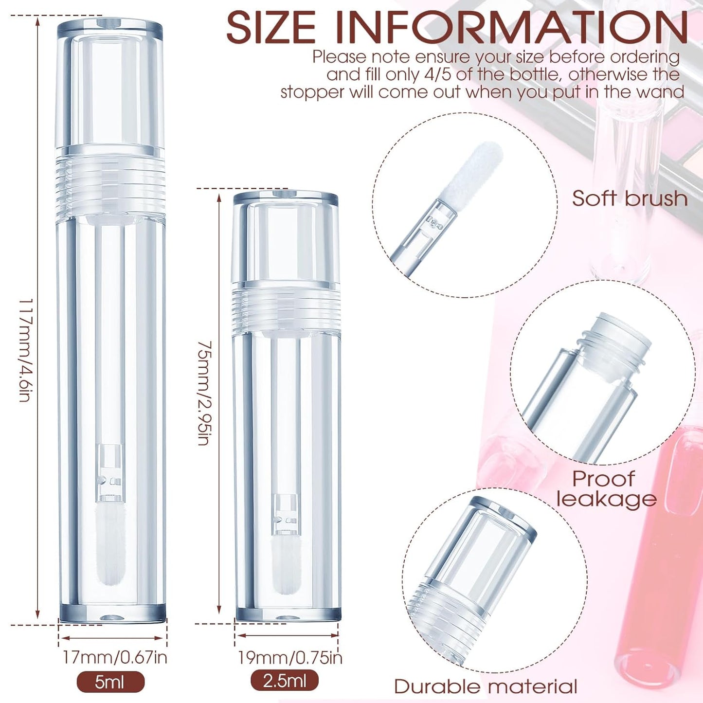 Empty Lip Gloss Tubes - 100 Pcs Clear Refillable Lipstick Containers with Wands & Rubber Stoppers | 2.5 ml for DIY Makeup Gifts