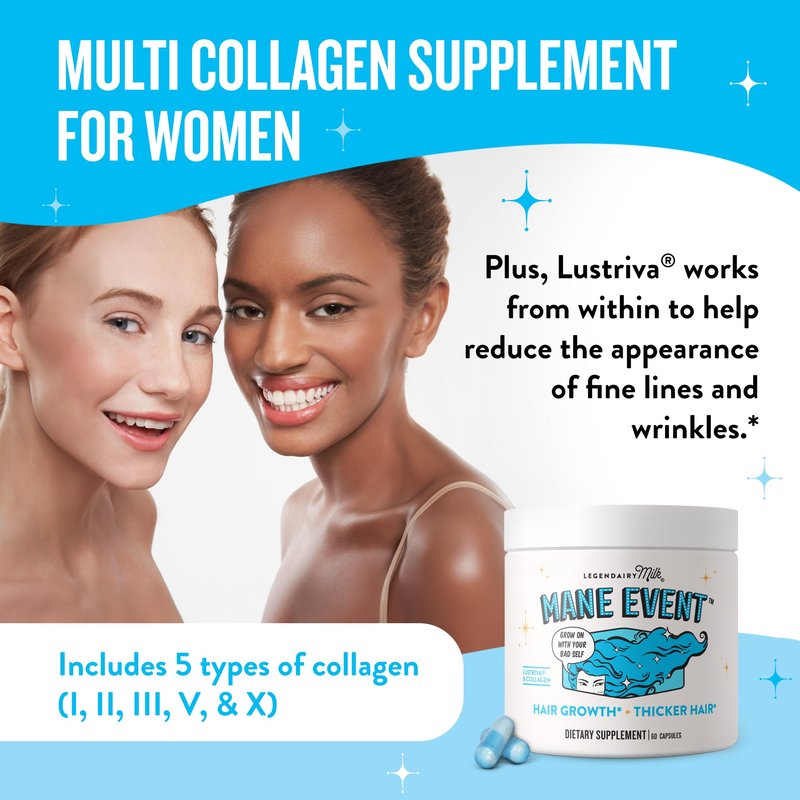 Legendairy Milk Hair Growth Vitamins for Women - Biotin for Hair Growth with Collagen & Lustriva, Hair Loss Products & Supplements for Thinning, Thicker, Fuller, Stronger Skin & Nails, Mane Event™