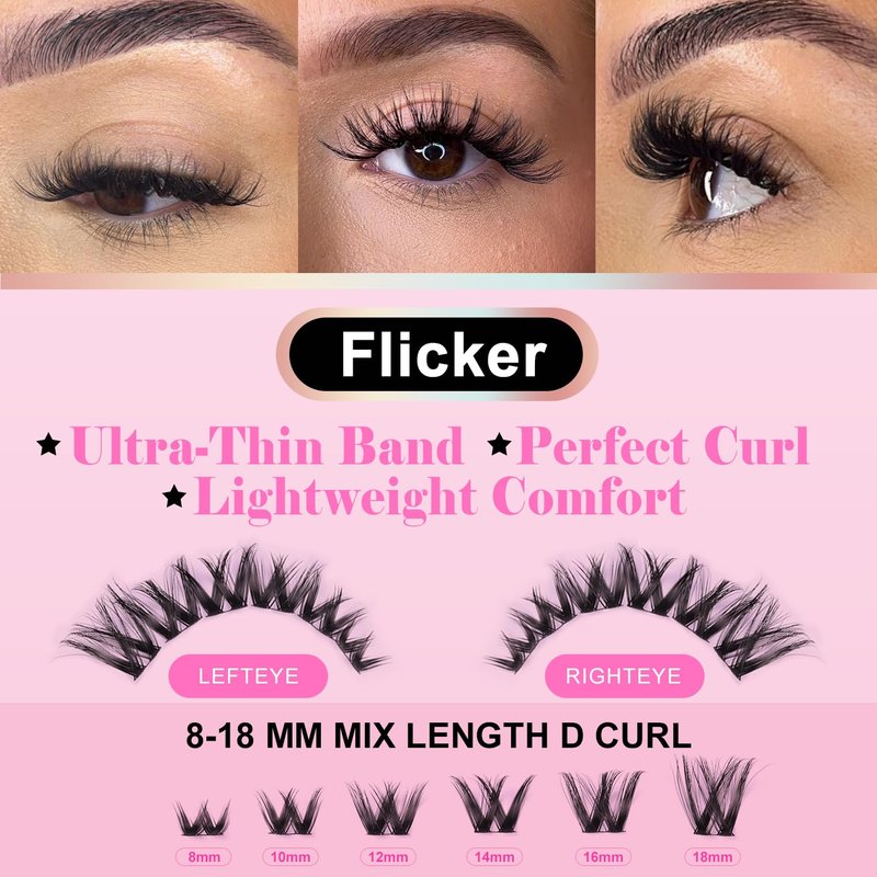 DIY Eyelash Extension Kit - Flicker Ultra Thin Band D Curl Individual Lashes | Waterproof & Long-Lasting Makeup