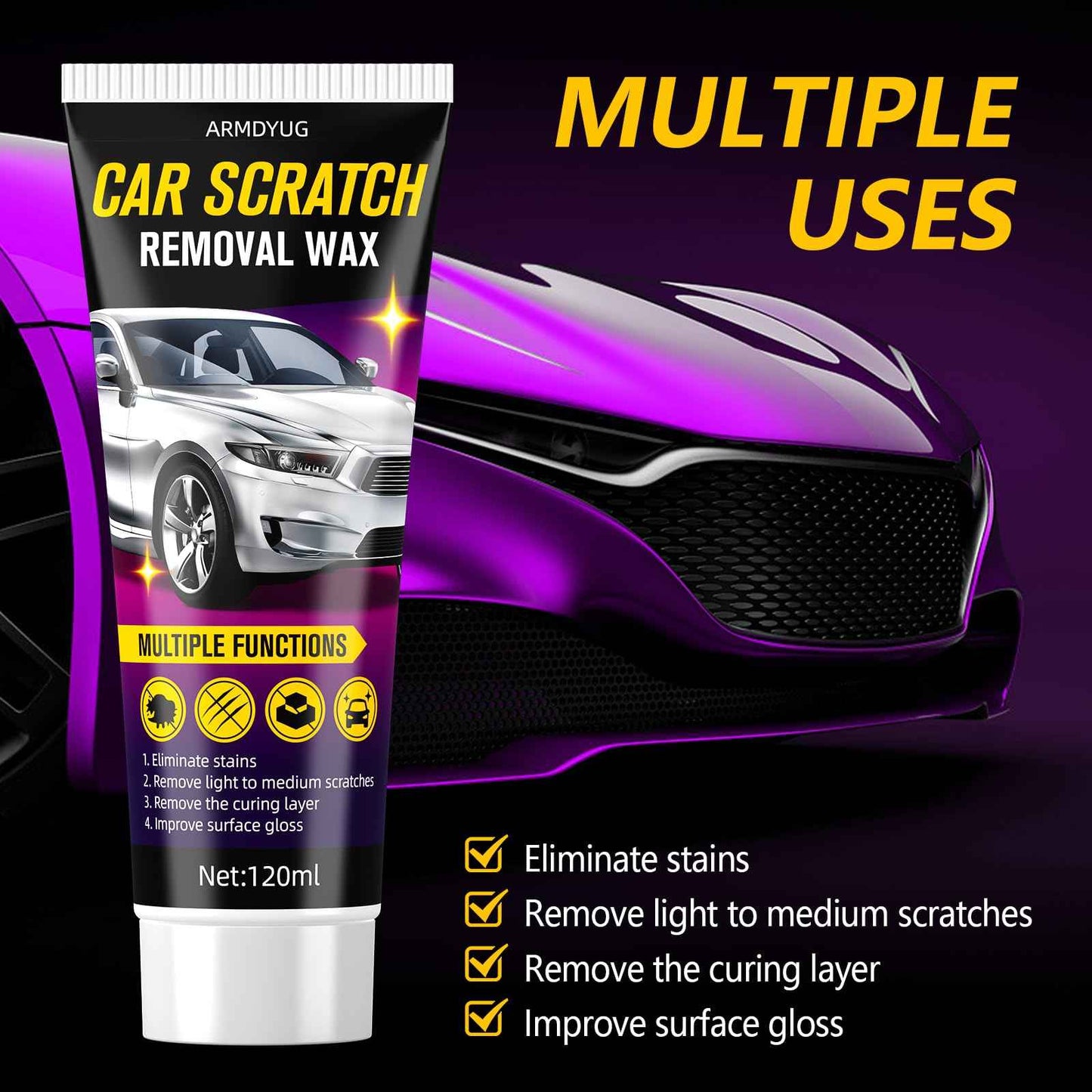 120ml, Scratch Remover for Vehicles, Car Scratch Repair Kit for Deep Scratches, Repair Paste-Erase Scratches, Car Paint Wax with Wiping Sponge & Cloth