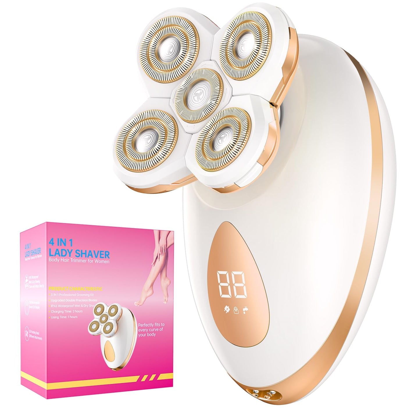 Electric Razors for Women, 5-in-1 Multi-Function Body Shavers for Women Legs, Cordless Ideal Travel Trimmer - Waterproof Wet/Dry Hair Remover Kit, Rechargeable, Gold