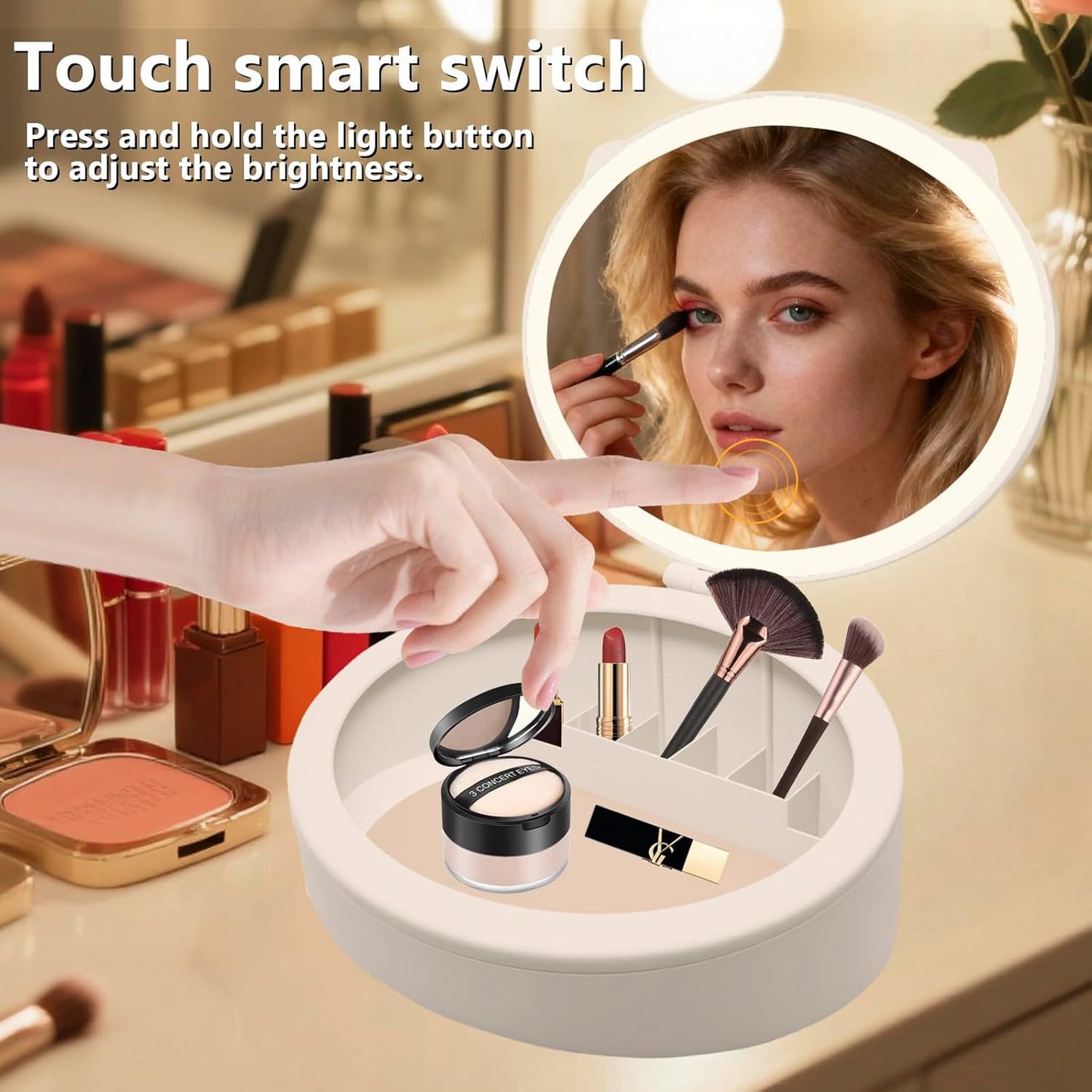 LED Makeup Mirror - 10X/1X Magnifying Vanity Mirror with 66 LEDs | 3 Lighting Modes & Storage (White)