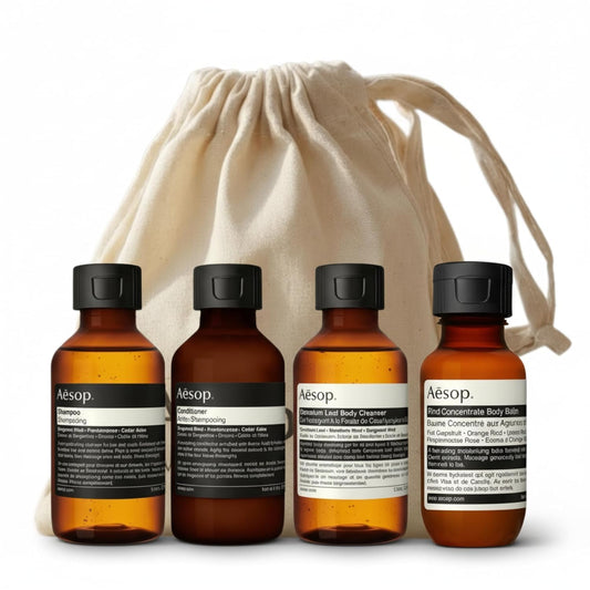 Aesop Arrival Travel Shower Set (4-Piece) Hair & Body Care Kit – Shampoo, Conditioner, Geranium Leaf Body Cleanser & Rind Concentrate Body Balm – 1.7oz/50mL Each – Gift Set with Reusable Canvas Bag
