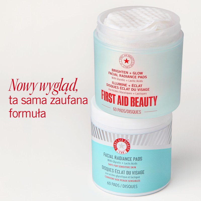 First Aid Beauty Facial Radiance Pads, Daily AHA Exfoliating Pads with Glycolic & Lactic Acid, Tone & Brighten, Minimize Pores, Makeup Prep, Compostable, 60 ct