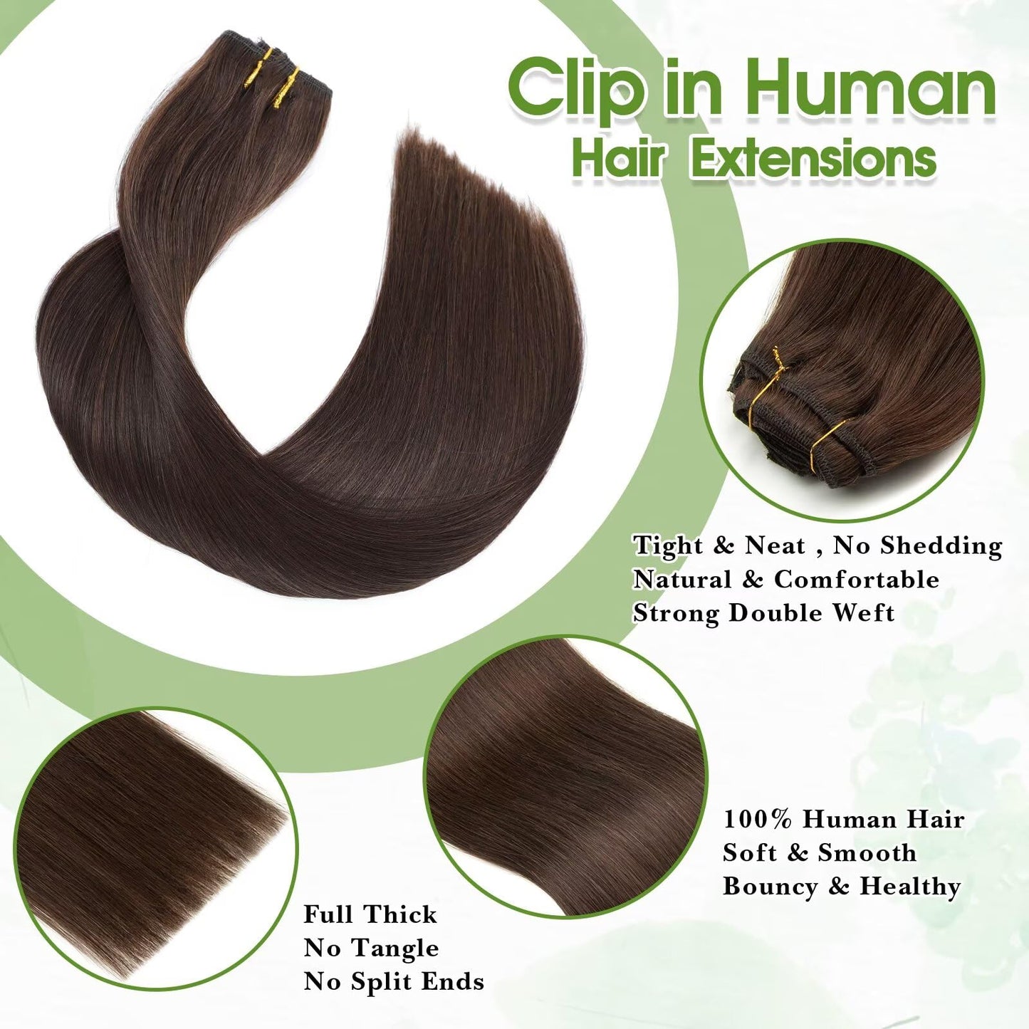 Dark Brown Clip in Hair Extensions Real Human Hair 16inch 8pcs/65g Lightweight Straight Remy Human Hair Clip in Extensions for Women Dark Brown Seamless Human Hair Extensions Clip ins Double Weft