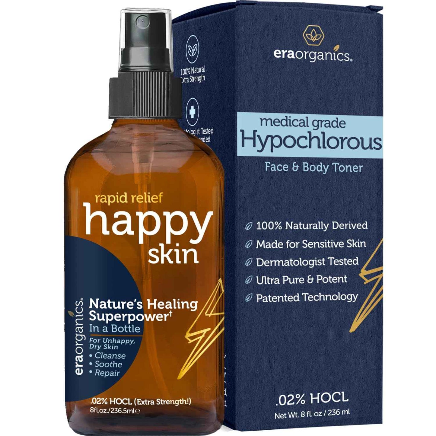 Happy Skin .02% Hypochlorous Acid Spray Toner– Extra Strength, Extra Gentle 100% Natural Toner & Skin Cleanser for Face & Body– Soothe, Hydrate & Repair Dry, Sensitive Skin– pH Balanced, Non-Toxic 8oz