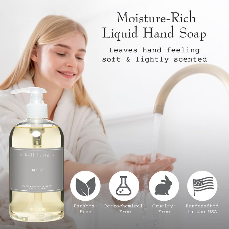 K. Hall Designs Washed Cotton Liquid Hand Soap, Refreshingly Clean Scent with Lavender and Chamomile, Natural Liquid Soap for Bathroom & Kitchen, Plant-Based Formula, 12 fl oz