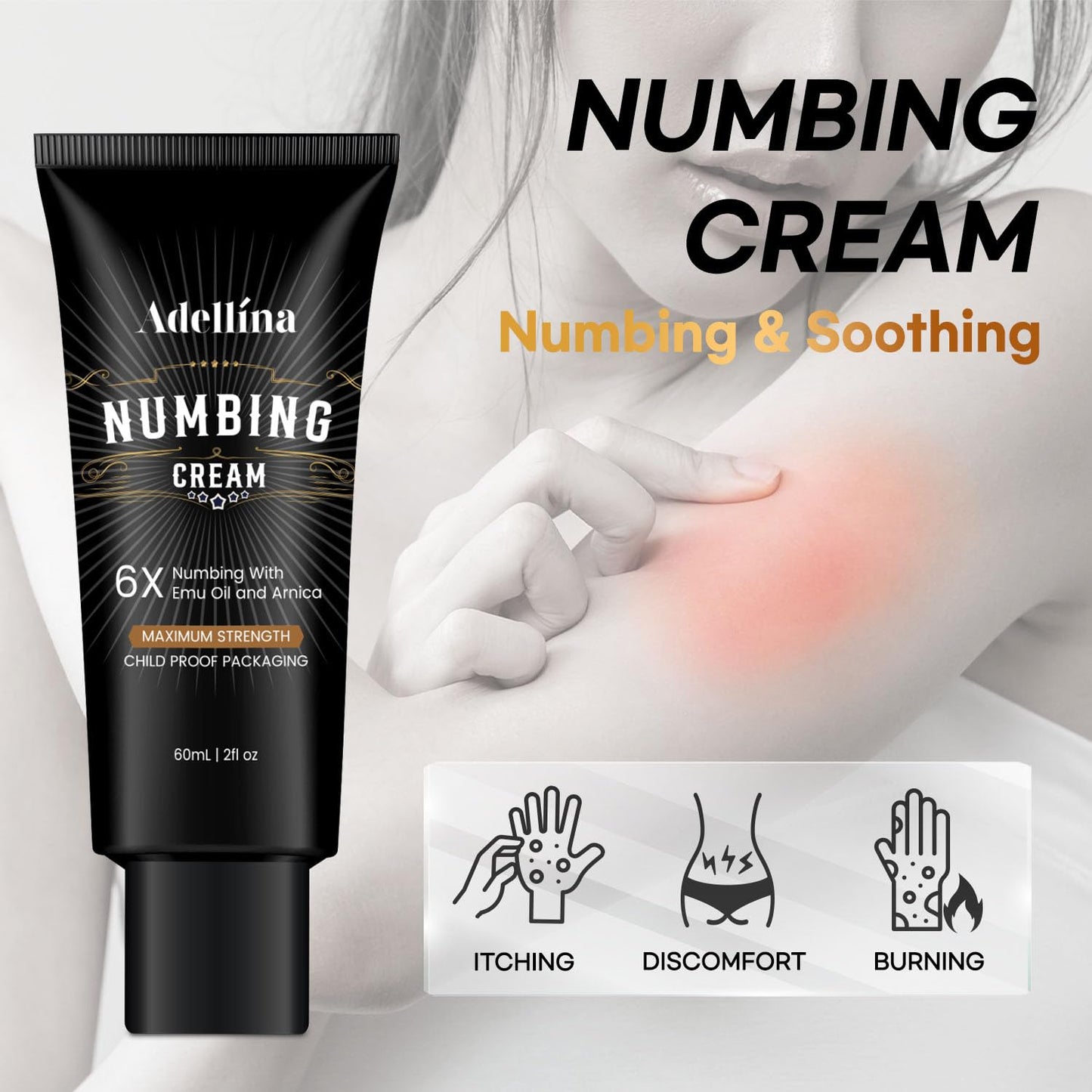 Adellina Numbing Cream Maximum Strength: Long Lasting Extra Soothing with Arnica and Elmu Oil (2 Fl Oz (Pack of 1))