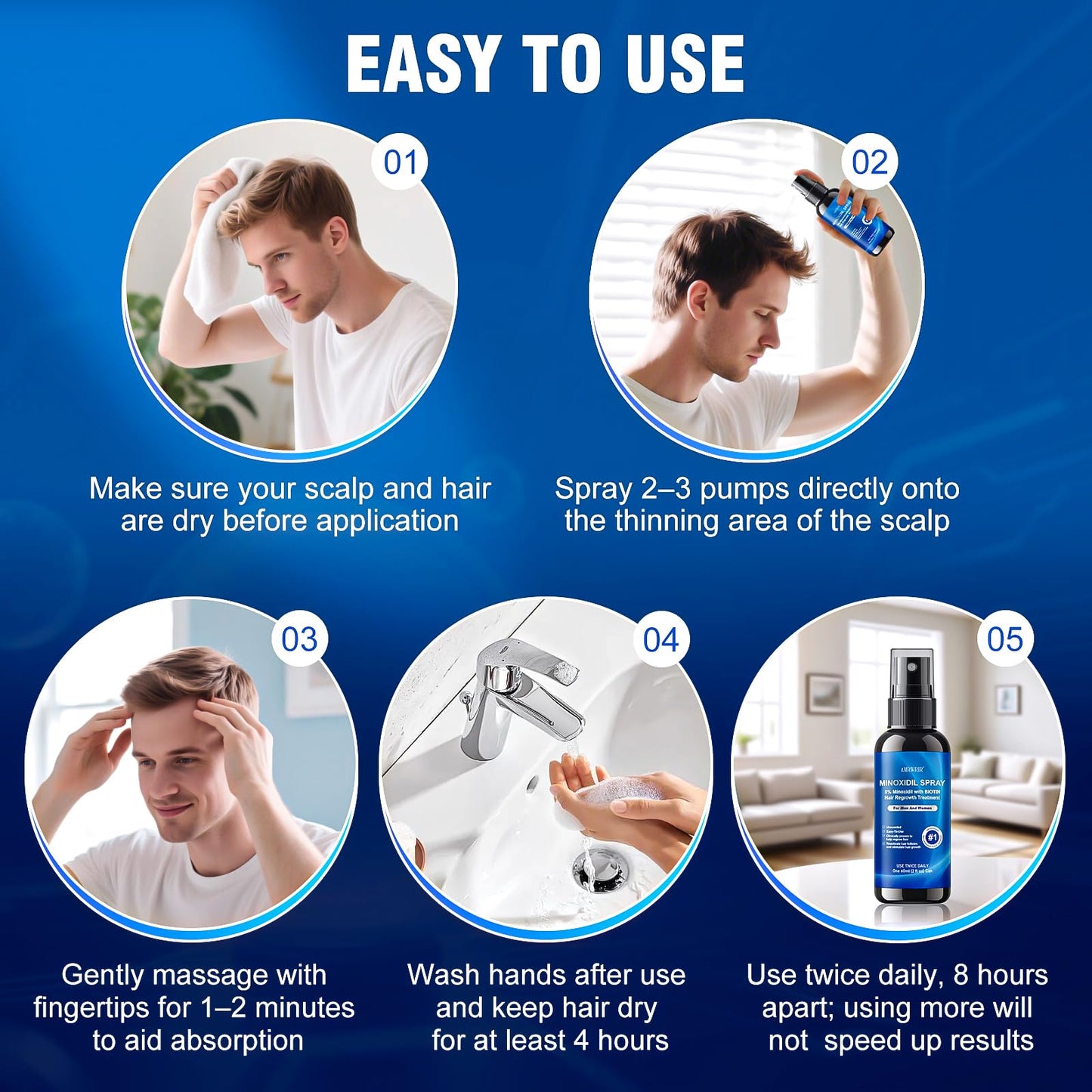 5% Minoxidil Spray for Men and Women,Infused with Biotin, Hair Growth Treatment,Topical hair growth serum,Supports Thicker and Fuller Hair & Beard (6 Pcs,12 Fl Oz Total,6 Month Supply)