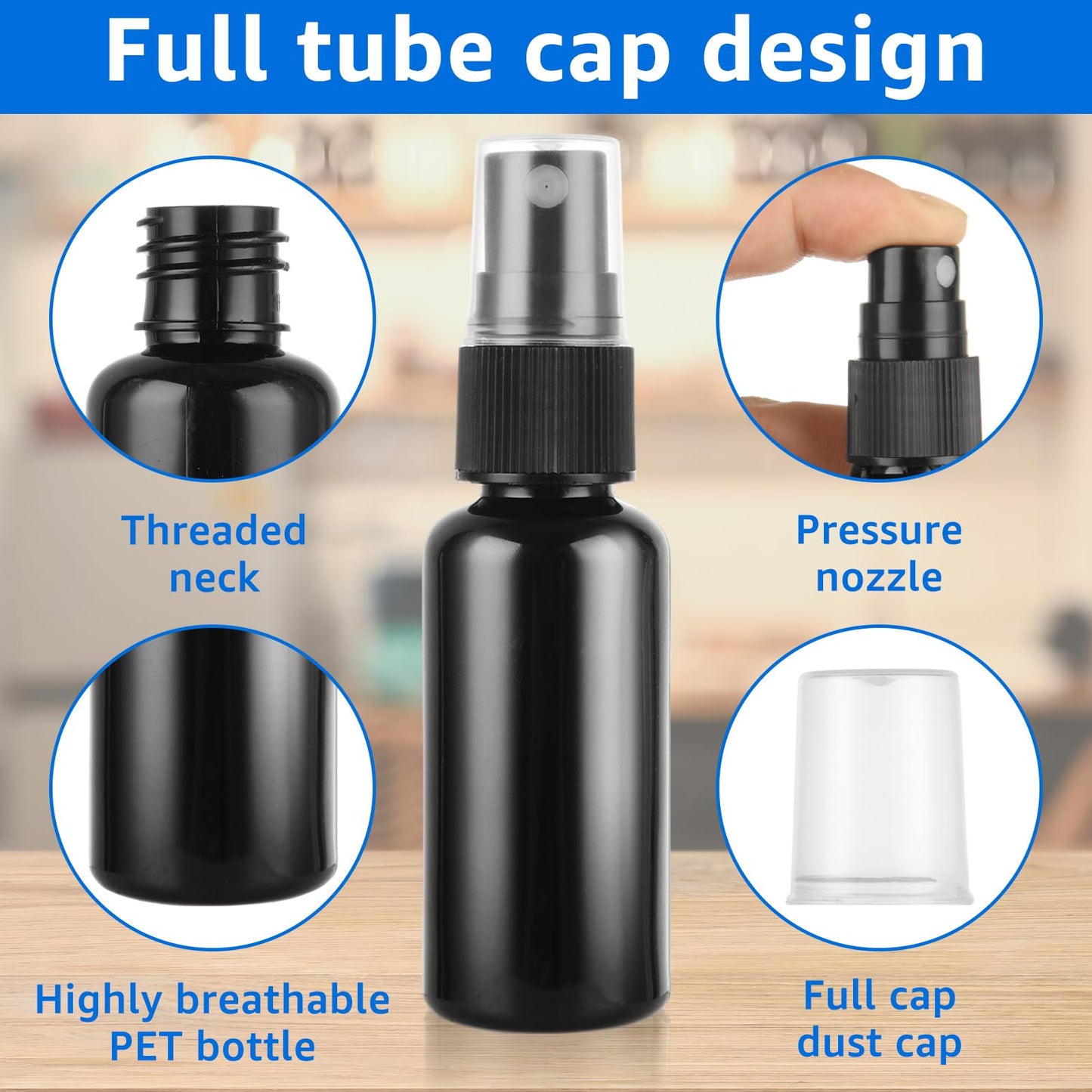60 Pcs Small Spray Bottle Bulk, 30ML 1Oz Black Empty Spray Bottles Plastic Fine Mist Spray Bottles with Cap & Funnel, Small Refillable Sprayer Liquid Containers for Perfume, Cleaning, Essential Oil