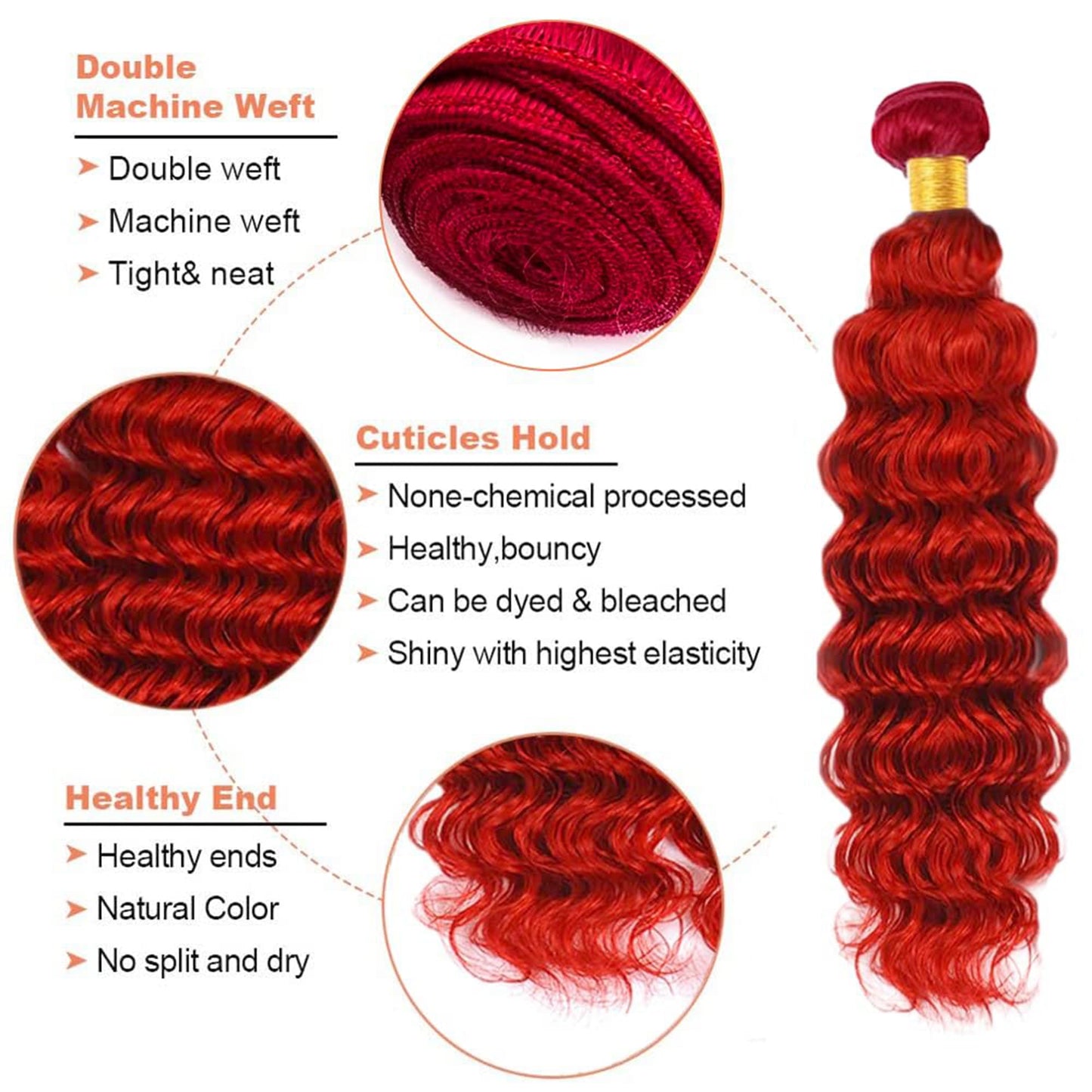 Red Human Hair Bundles Deep Wave 26 Inch Deep Single Bundle Human Hair Light Red Color Unprocessed Native Virgin Hair 100g Total Double Weft Crochet Human Hair Extensions for Women