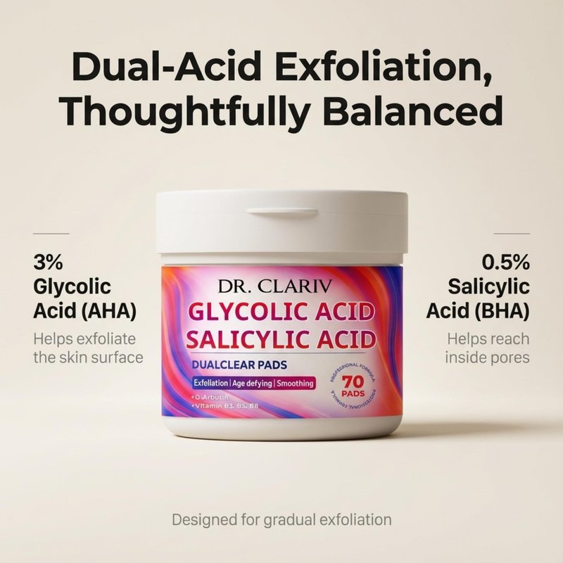 Glycolic Acid Pads with AHA BHA – Exfoliating for Face, 3% Glycolic & 0.5% Salicylic Acid, 7 cm Size, Supports Smooth Texture & Clear-Looking Pores, 70 Count