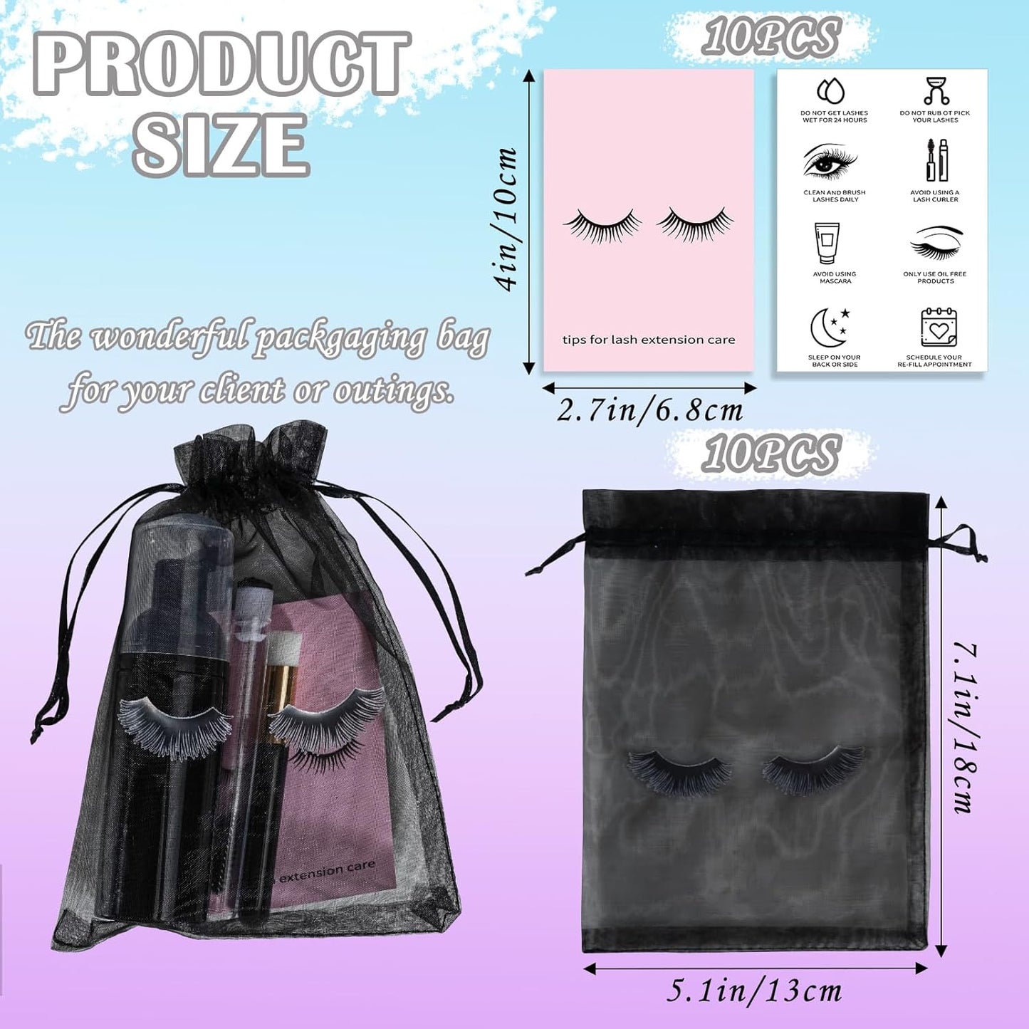 Lash Shampoo Bottles & Brushes Set - 50PCS Eyelash Cleaning Tools | Black Aftercare Bags & Instructions