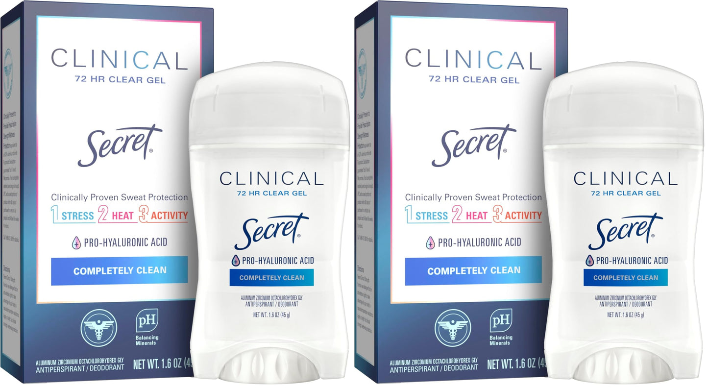 Secret Clinical Strength Clear Gel Women's Antiperspirant & Deodorant Completely Clean Scent 1.6 Oz, 1.600 Fluid Ounce (Pack of 2)