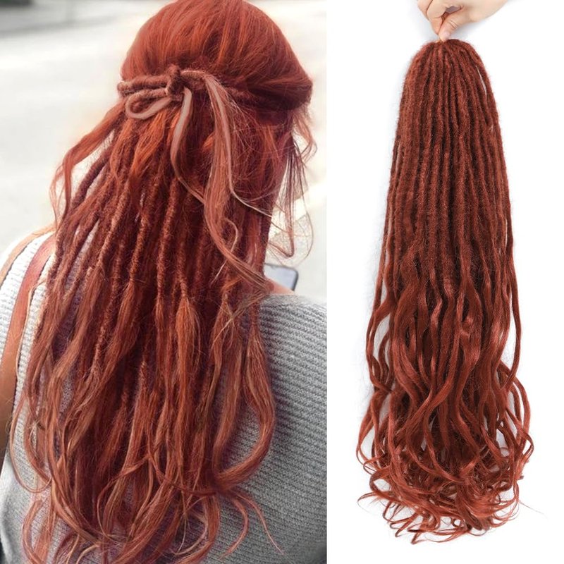 Aguacor Loose Wave Dreadlocks Synthetic French Curly Double Ended Dreadlock Extensions 24inches 30 Strands Thin Soft Red Brown Spanish Curly DE Dreadlock Extensions for Women (30 Strands, 350#)