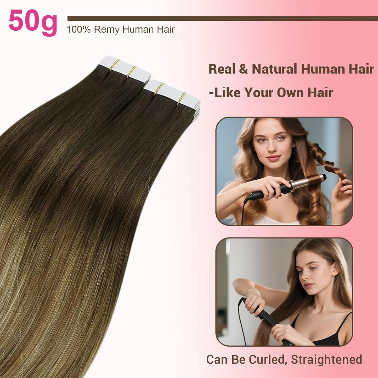Tape In Hair Extensions - 16 Inch Human Hair Skin Weft | Thick & Straight, Chocolate Brown & Caramel Blonde #4/27/4, 50g, 12 Pieces Replacement Tape