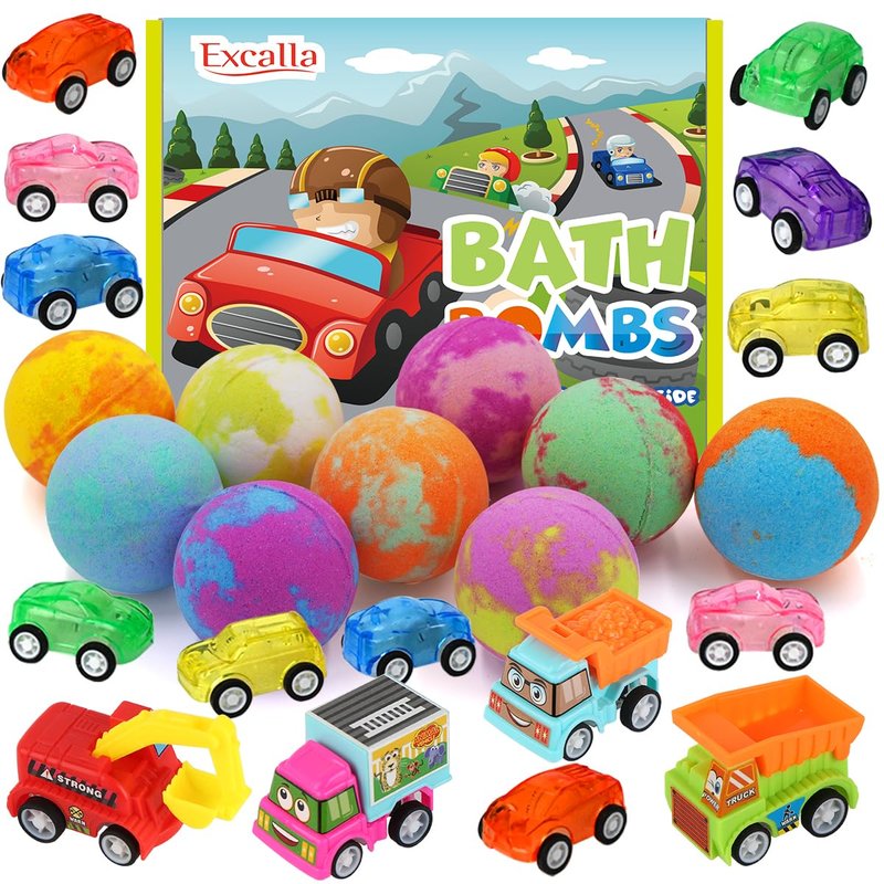 Bath Bombs for Kids with Toys Inside, 9 Pack Handmde Bath Bombs Set with Pull-Back Cars Inside, Rich Foam Color Bubble Set Boys Girls for Skin Moisturizing