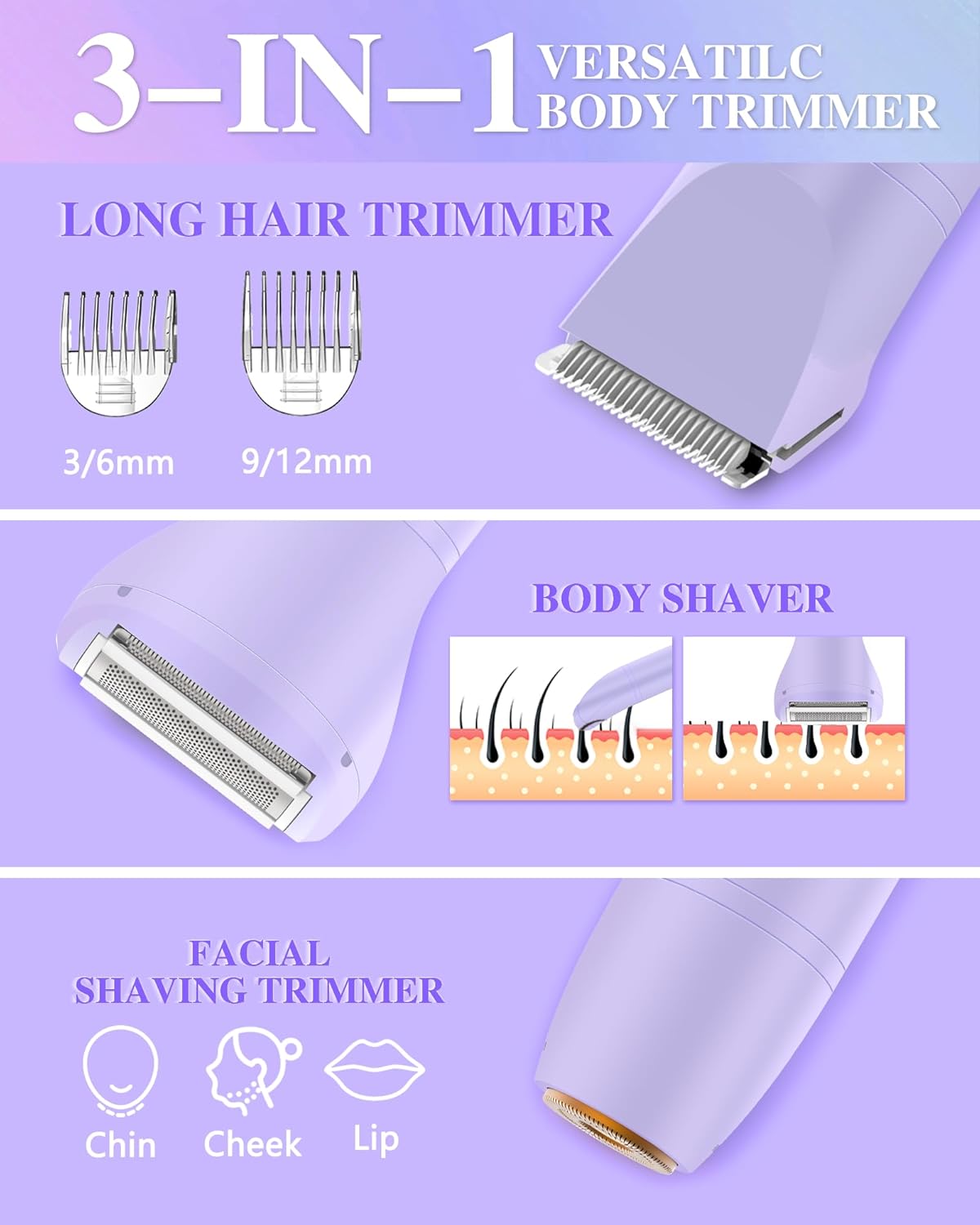 Bikini Trimmer for Women - 3-in-1 Electric Razor for Pubic & Body Hair | IPX6 Waterproof, Purple