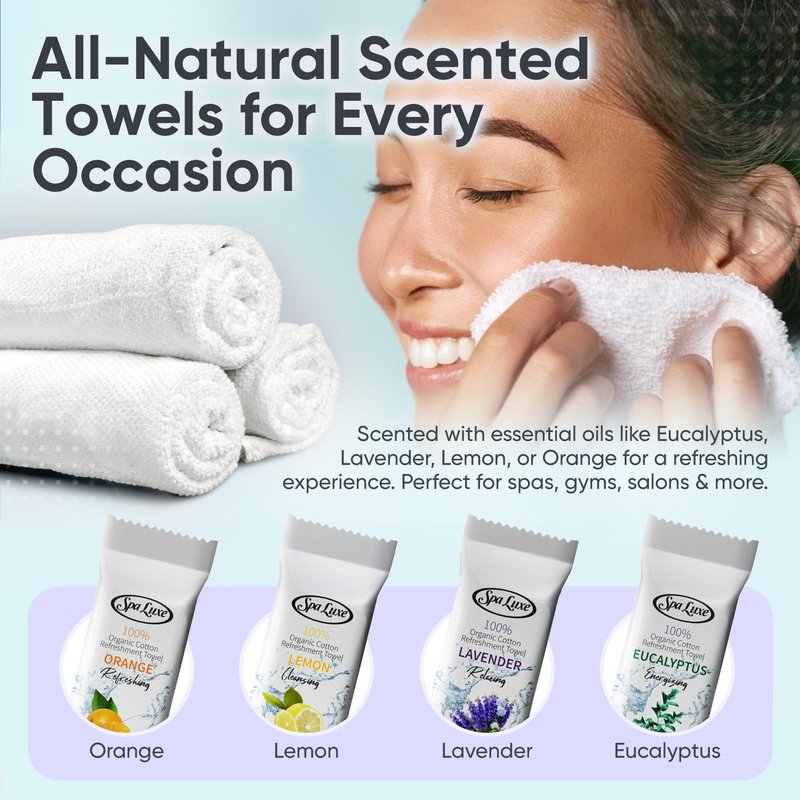 Spa Luxe - Disposable Face Towels, Cotton Facial Cleansing Towelettes Pre-Moistened with Essential Oils Biodegradable Face Wash Cloths for Sensitive Skin Travel-Friendly Wipes - (Eucalyptus, 25 Count)