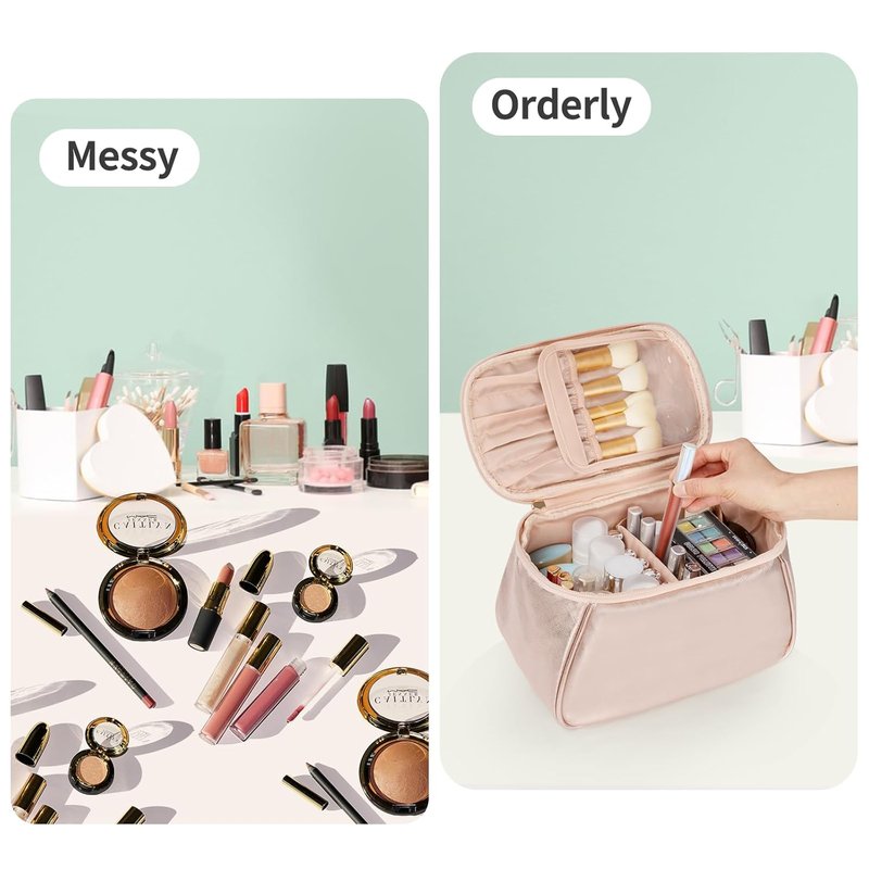 Large Makeup Bag Organizer for Women - Travel Cosmetic Bag with Divider & Handle | Rose Gold
